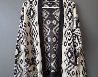 Vtg Wet Seal Womens Open Front Geometric Print Cardigan Sweater Size L Boho Cozy