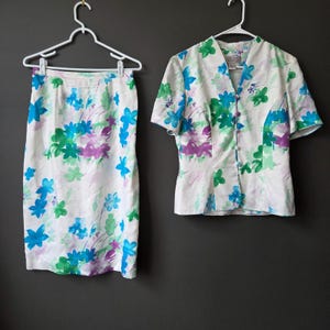 Vintage Adrianna Papell 100% Silk Floral Skirt Set Blue Green Purple Womens 8 image 2