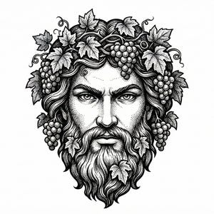 May include: Detailed black and white illustration of a bearded man's face, adorned with a crown of grape leaves and clusters of grapes. The artwork has a classical, mythological theme, with a stern expression.