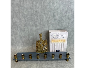 Vintage Unbranded Hanukkah Menorah Brass Good Hebrew Shamash with Candles