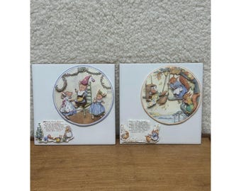 Molly Brett Ceramic Tiles Decoupage Nursery Rhyme Squirrels Pigs White 2pc Set