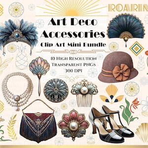 Peut inclure: Ensemble de mini-illustrations d'accessoires Art Déco. L'image présente une collection d'illustrations de style vintage, comprenant une coiffe à plumes, un éventail, un chapeau cloche, un sac à main, un collier de perles et des chaussures à talons hauts. Le texte dit "Art Deco Accessories Clip Art Mini Bundle".
