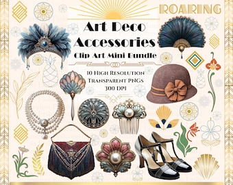 May include: Art Deco accessories clip art mini bundle. The image features a collection of vintage-style illustrations, including a feathered headdress, a fan, a cloche hat, a purse, a pearl necklace, and high-heeled shoes. The text on the image says "Art Deco Accessories Clip Art Mini Bundle".
