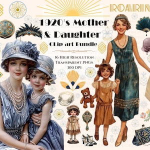 Mother Daughter Clipart Bundle, Gatsby Clipart  1920s Flapper Girl, PNG Stickers Art Deco Junk Journal (Digital Download)