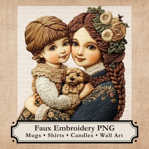 May include: A digital illustration of two girls embracing a small dog. The girls are wearing detailed, textured clothing. The image has a vintage aesthetic, with a banner at the bottom that reads "Faux Embroidery PNG" and lists product types like mugs and shirts.