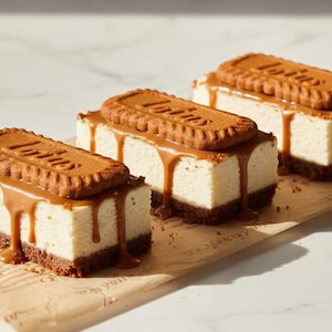 Puede incluir: Tres barras rectangulares de tarta de queso con una base de galleta marrón oscuro, un relleno blanco cremoso y un chorrito de caramelo dorado. Cada barra está cubierta con una galleta Lotus Biscoff. El texto Ms Apronista es visible abajo.