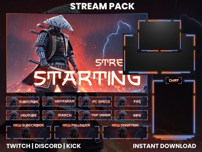 Samurai Twitch Stream Overlay Pack | Thunder Samurai | Ninja Overlay ...