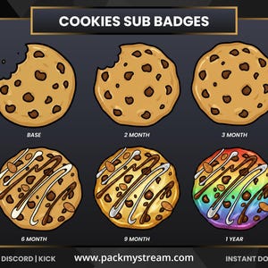 May include: Digital cookie sub badges with various designs. The top row features chocolate chip cookies with bites taken out. The bottom row has cookies with icing and nuts. The text on the image says "COOKIES SUB BADGES".