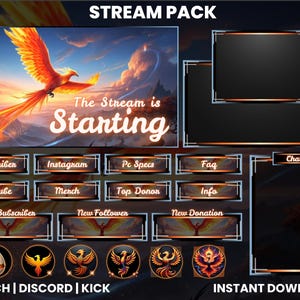 May include: A digital stream pack featuring a phoenix theme with orange and blue color palettes. Includes a starting screen with the text "The Stream is Starting," various rectangular overlay frames, social media buttons, and circular icons.