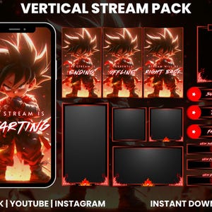 May include: A vertical stream pack design with a fiery red and black theme. The pack includes a phone screen with a character graphic and text "The Stream Is Starting". Also included are overlay screens and social media buttons.