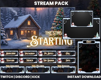 May include: A digital stream pack with a winter theme. The main image features a cozy cabin in a snowy forest. Includes overlay screens, chat boxes, and animated buttons with a snowman and Christmas tree design. Text includes "Stream Pack", "Starting", and social media icons.