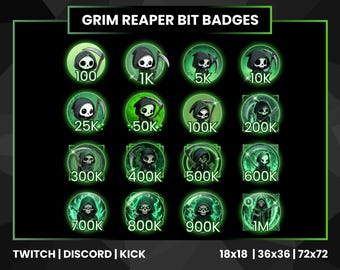 Grim Reaper Bit Badges for Twitch Kick & Discord | Bit Badge Set 100 to 1M | Dark Reaper Stream Badges