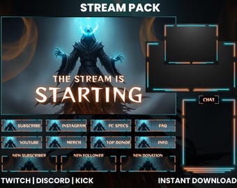 May include: A digital stream pack with a dark fantasy theme. The main graphic features a robed figure with glowing blue accents, with the text "THE STREAM IS STARTING". Includes overlay elements, chat box, and social media buttons. "INSTANT DOWNLOAD" text is also visible.