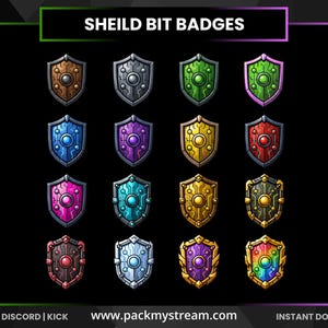 May include: A collection of sixteen shield-shaped digital badges arranged in a four-by-four grid. Each badge features a central circular gem surrounded by circuit-like lines in various colors including brown, silver, green, blue, purple, gold, red, and rainbow.