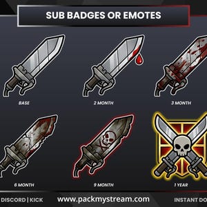 May include: A collection of stylized knife emotes for Twitch, Discord, and Kick. The emotes include a base knife, a knife with a blood drop, and knives with increasing amounts of blood and damage. One emote features a skull. Text includes "SUB BADGES OR EMOTES".