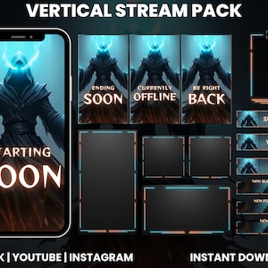 May include: A digital stream pack with a dark fantasy theme. The pack includes a phone screen with "Starting Soon" text, panels for "Ending Soon", "Currently Offline", and "Be Right Back", and social media buttons. The color scheme is teal and orange.