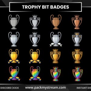 May include: A collection of trophy bit badges in various colors, including silver, bronze, and gold. Each badge features a trophy design with a crown, some with ribbons. The text "TROPHY BIT BADGES" is at the top.