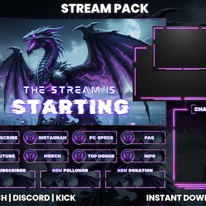 Könnte beinhalten: Ein digitales Stream-Paket mit Fantasy-Thema. Die Hauptgrafik zeigt einen lila Drachen mit ausgebreiteten Flügeln. Der Text "THE STREAM IS STARTING" ist prominent dargestellt. Enthält Overlay-Elemente für Chat, Benachrichtigungen und soziale Medien.