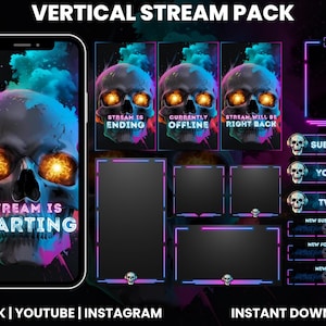 May include: A digital art pack for streaming, featuring a skull with glowing eyes and neon accents. Includes overlays for chat, subscribe, YouTube, Twitch, and other stream elements. The text includes "Stream is Starting", "Stream is Ending", "Currently Offline", and "Stream will be Right Back".