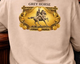 Grey Horse Vintage Hoodie, Restored Antique Lithograph Art, Retro Americana Graphic Sweatshirt, Heritage Advertising Aesthetic Pullover