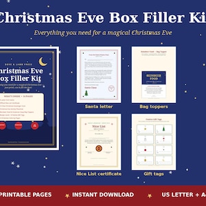 May include: A Christmas Eve Box Filler Kit featuring 14 printable pages including a letter from Santa, reindeer food bag toppers, a Nice List certificate, and festive gift tags. The kit includes a scavenger hunt, recipe cards, and coloring pages.