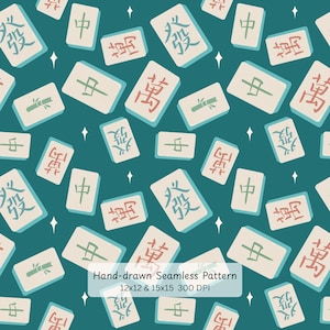 Könnte beinhalten: Nahtloses Muster mit verstreuten Mahjong-Steinen in Creme, Rot und Blaugrün auf einem blaugrünen Hintergrund. Die Steine zeigen chinesische Schriftzeichen. Der Text "Hand-drawn Seamless Pattern" ist ebenfalls vorhanden.