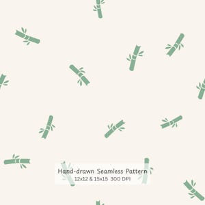May include: A seamless pattern featuring hand-drawn bamboo stalks in a light green color, scattered across a cream-colored background. The image includes the text "Hand-drawn Seamless Pattern" and dimensions.