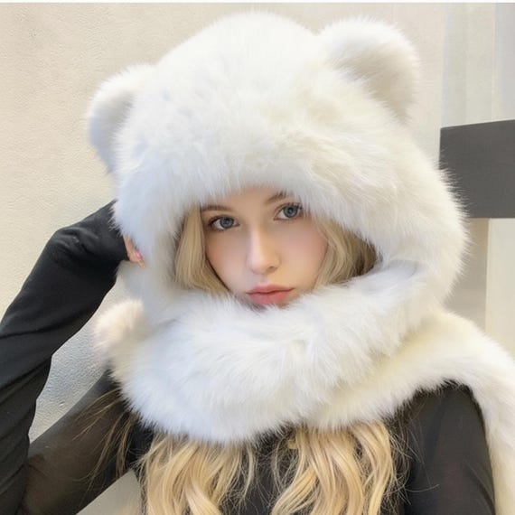White Faux Fur Hat,winter Faux Fur Hood,bear Ear Fur Hat  display picture 2