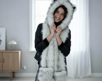 Faux Fur Wolf Hood, Animal Hood Scarf, Furry Hood With Ears, Faux Fur Hood Scarf, Women’s Wolf Hood, Cozy Animal Hood, Wolf Ear Hood Scarf