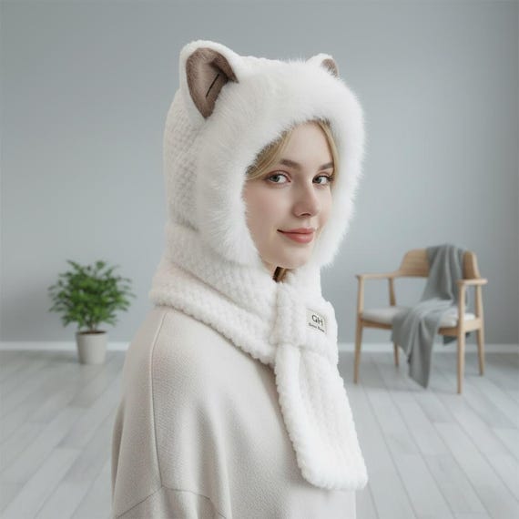Faux Fur Cat Hood, Cat Ear Winter Hood, Furry Cat Hat, Cozy  display picture 1