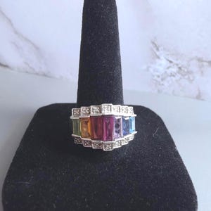 Rainbow Prism Estate Ring - Vintage Multicolor Gemstone Ring with Genuine Diamond Pave Size 7.75