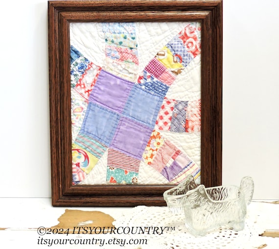Framed Double Wedding Ring Quilt Piece 1930s Vintage Hand