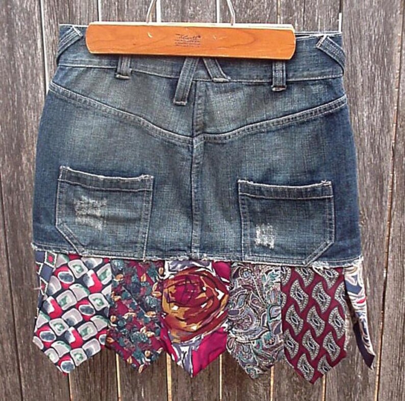 Denim Necktie Skirt Upcycled Silk Neck Tie Blue Jean Skirt Eco Etsy