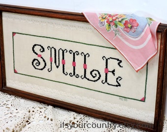 Framed SMILE Cross Stitch Vintage Needlework Shabby Cottage Chic Country Farmhouse Wall Decor itsyourcountry