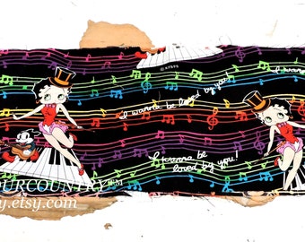 Betty Boop I Wanna Be Loved By You Cotton Crumb Fabric Piece 6x43" Music Notes Multicolor on Black Rare OOP HTF itsyourcountry