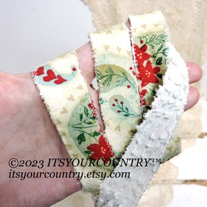 Christmas Print & Vintage Chenille Cotton Fabric Double-Sided Rag Ribbon Artisan Handmade Cottage Chic Unique Ribbon itsyourcountry image 3