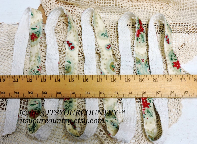 Christmas Print & Vintage Chenille Cotton Fabric Double-Sided Rag Ribbon Artisan Handmade Cottage Chic Unique Ribbon itsyourcountry image 7