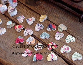 Primitive Heart Appliques Vintage Cotton Sew-On Iron-On Tiny 1x1" Old Patchwork Quilt Fabric Embellishments Valentine Crafts itsyourcountry