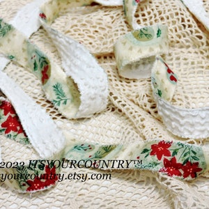 Christmas Print & Vintage Chenille Cotton Fabric Double-Sided Rag Ribbon Artisan Handmade Cottage Chic Unique Ribbon itsyourcountry image 2