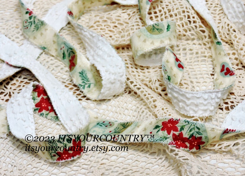 Christmas Print & Vintage Chenille Cotton Fabric Double-Sided Rag Ribbon Artisan Handmade Cottage Chic Unique Ribbon itsyourcountry image 2