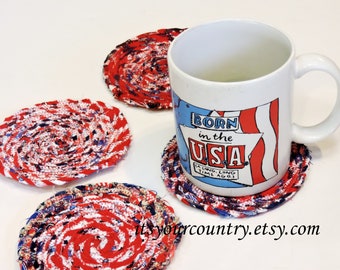 Patriotic Rag Rope Coasters Red White Blue Coiled Mug Rugs Textile Fiber Art Furniture Protectors Set of 4 Housewarming Gift itsyourcountry
