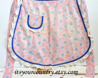 Vintage Half Apron Pink Blue Floral Feedsack Blue Bias Trim Feminine Hostess Pocket Apron Cottage Chic 1950s Style itsyourcountry on etsy