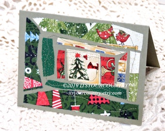 Textile Fiber Christmas Card Thread Art Blank Greeting Original Paper-Stitched Collage Note Card Holiday Thank You itsyourcountry