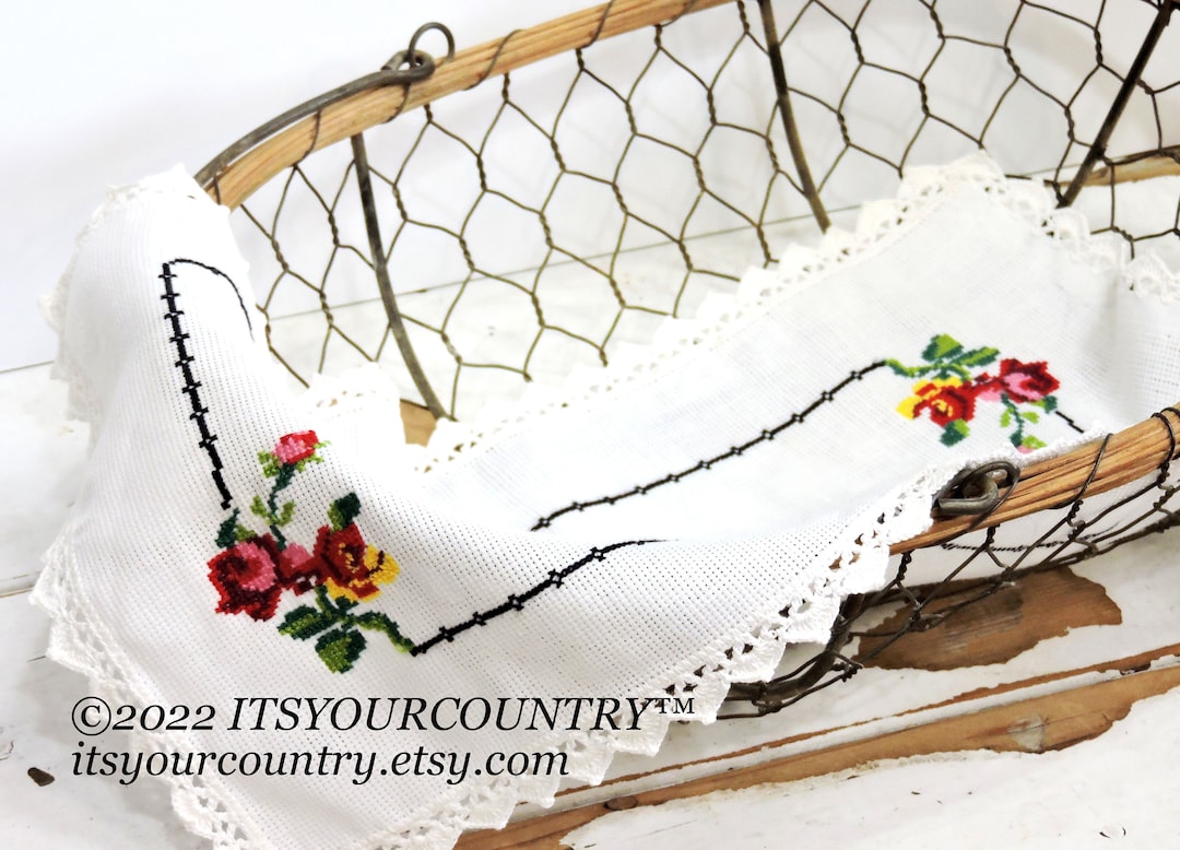 Pink Roses Cross Stitch Dresser Scarf Vintage 1960s Floral Hand