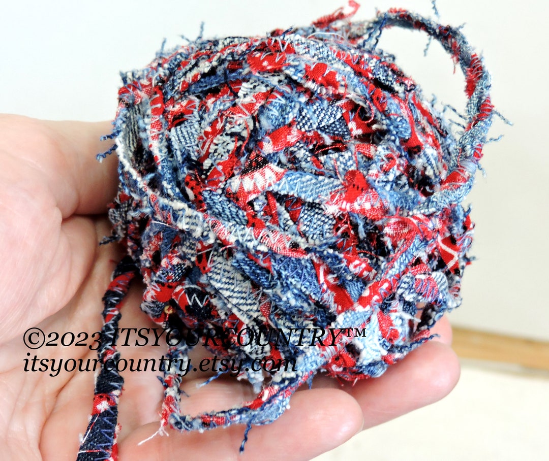 Denim & Red Bandana Rag String: Americana Fiber Art Ribbon - by the ...