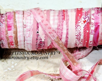 Shades of Pink Fabric Rag Ribbon Artisan Cottagecore Shabby Chic Fiber Art Sewing Cotton Tattered Cotton Craft Trim itsyourcountry