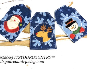 Christmas Cotton Fabric Gift Tags Craft Quilt Labels DIY Holiday Place Cards Name Tags Bookmarks Snowman Santa Reindeer itsyourcountry