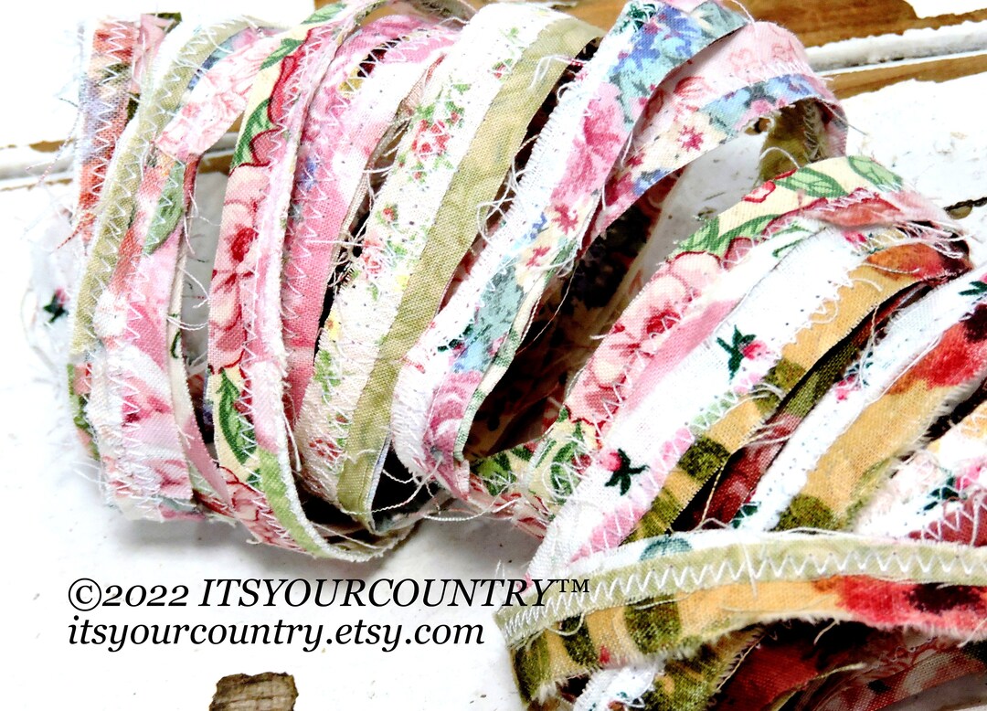 Floral Fabric Rag Ribbon Artisan Cottagecore Shabby Cottage Chic Fiber Art Sewing Craft Trim