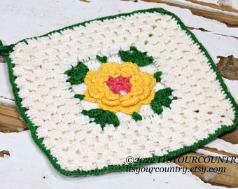 Squarish Yellow Rose Flower Crocheted Pot Holder Vintage Handmade Textile Fiber Collectible Cottagecore Kitchen Decor itsyourcountry etsy