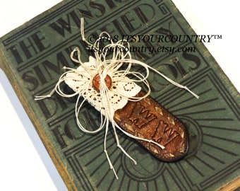 Leather & Lace Brooch Original Mixed Media Western Boho Lapel Pin with Initials WW or MM Wearable Art Jewelry itsyourcountry on etsy